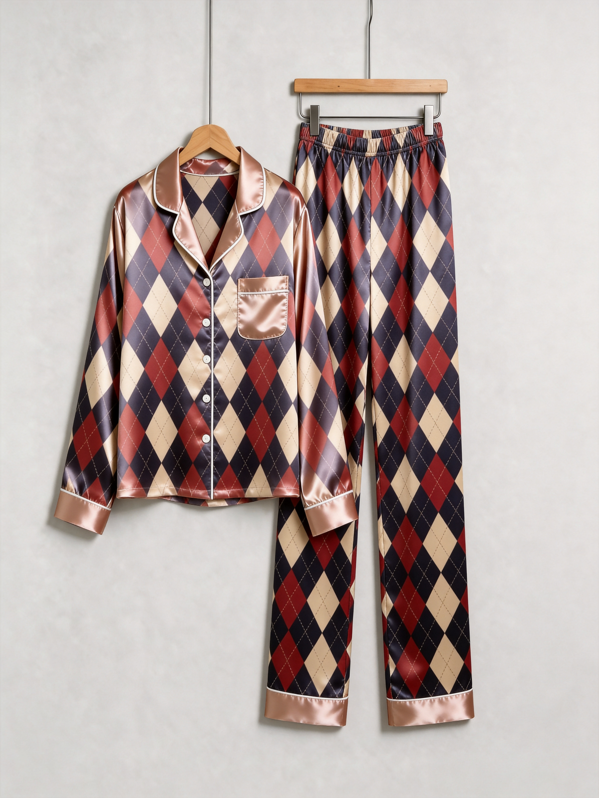Burgundy & Navy Blue Argyle Diamond Print Holiday Couple Satin Pajama Set Sleepwear