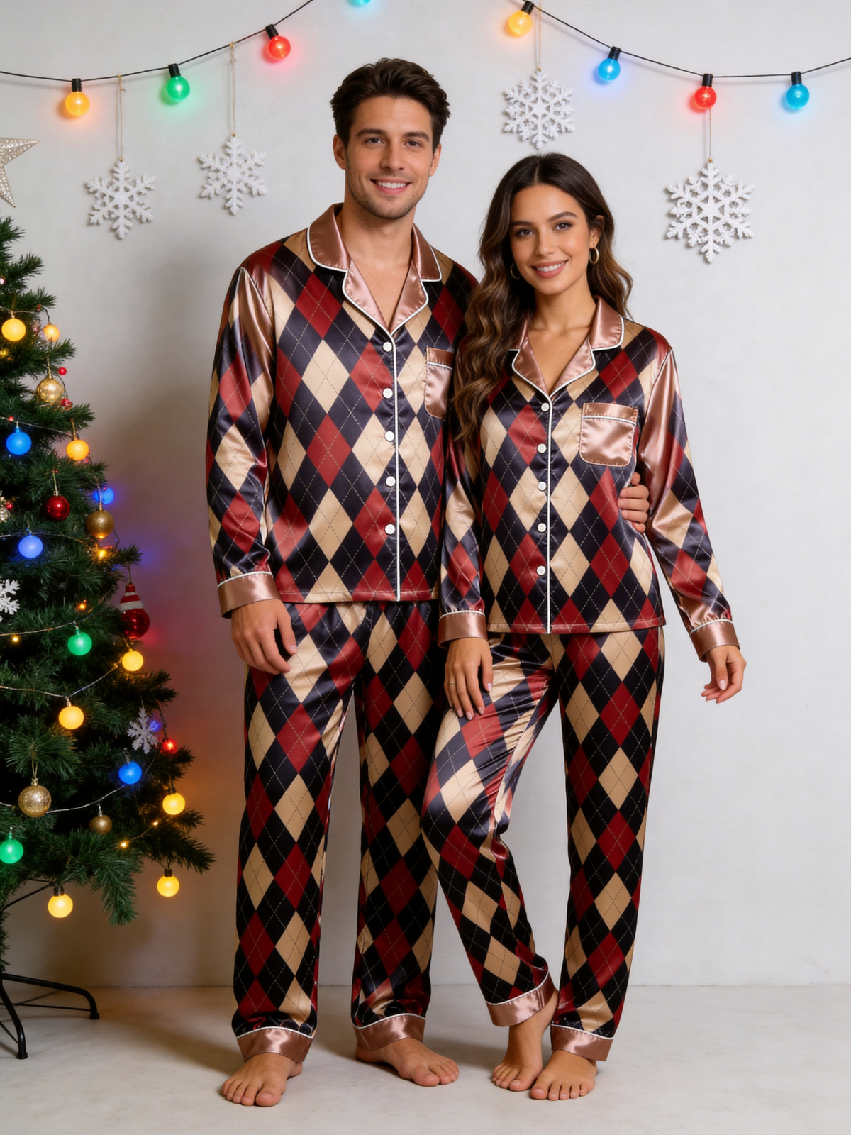 Burgundy & Navy Blue Argyle Diamond Print Holiday Family Satin Pajama Set Sleepwear