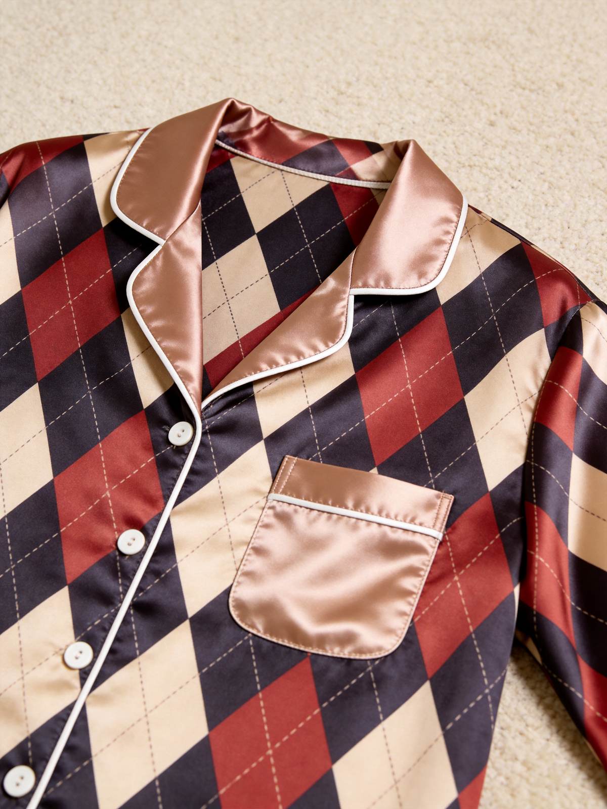 Burgundy & Navy Blue Argyle Diamond Print Holiday Couple Satin Pajama Set Sleepwear