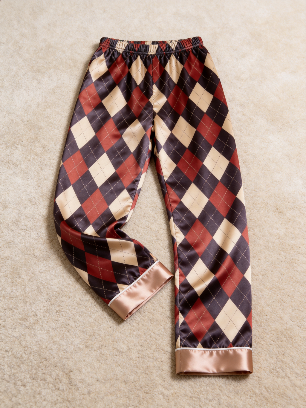 Burgundy & Navy Blue Argyle Diamond Print Holiday Couple Satin Pajama Set Sleepwear