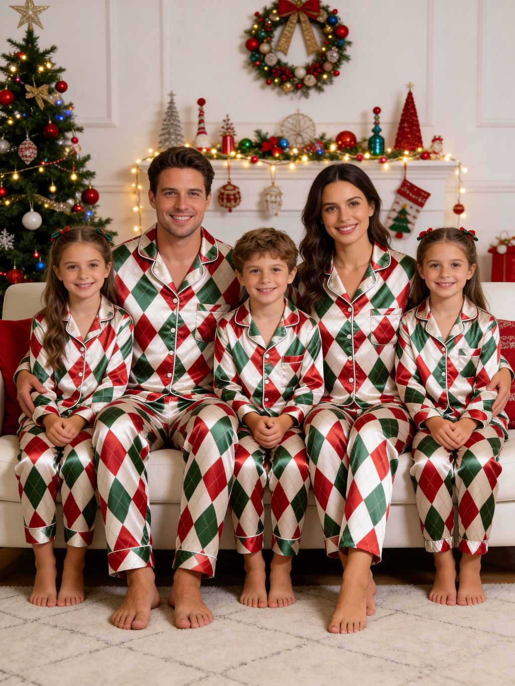 Classic Christmas Red & Green Argyle Diamond Print Holiday Couple Satin Pajama Set