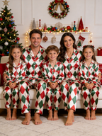 Classic Christmas Red & Green Argyle Diamond Print Holiday Couple Satin Pajama Set