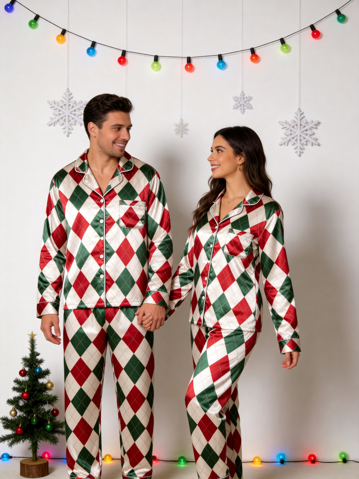 Classic Christmas Red & Green Argyle Diamond Print Holiday Family Satin Pajama Set