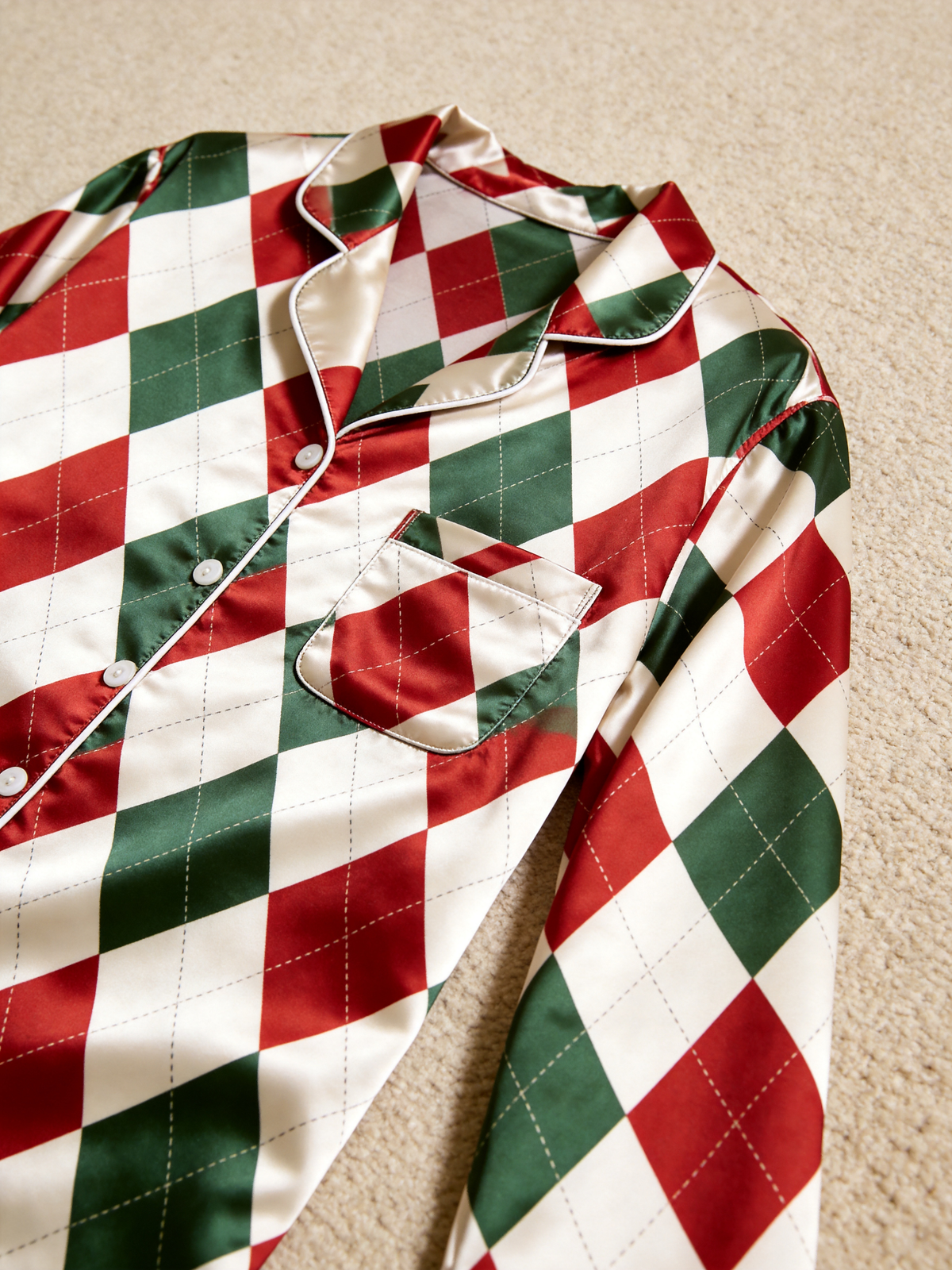 Classic Christmas Red & Green Argyle Diamond Print Holiday Couple Satin Pajama Set