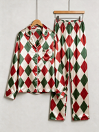 Classic Christmas Red & Green Argyle Diamond Print Holiday Couple Satin Pajama Set