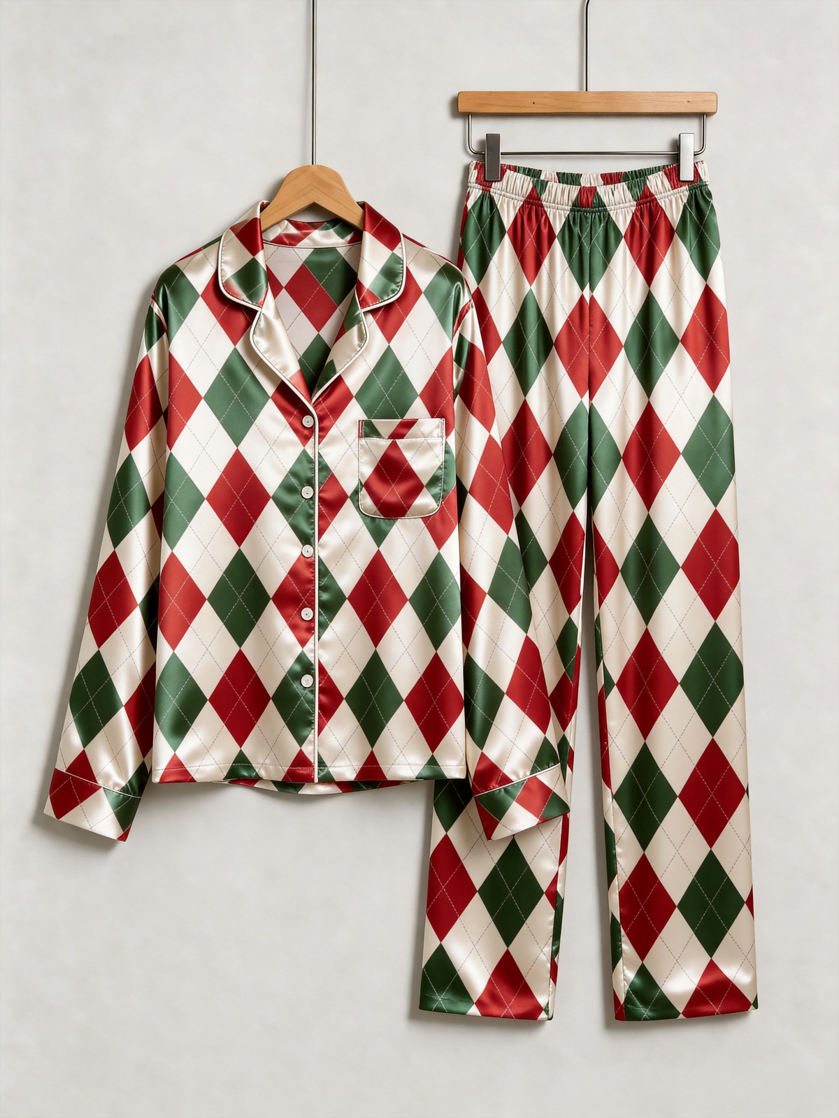 Classic Christmas Red & Green Argyle Diamond Print Holiday Couple Satin Pajama Set