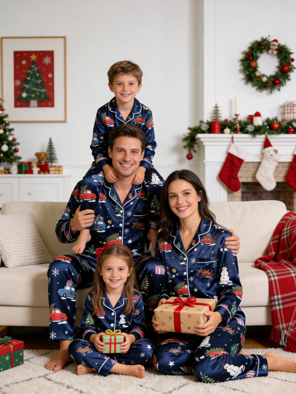 Holiday Festive Red Truck & Snowman Print Couple Couple Satin Pajama Set Couple Sleepwear