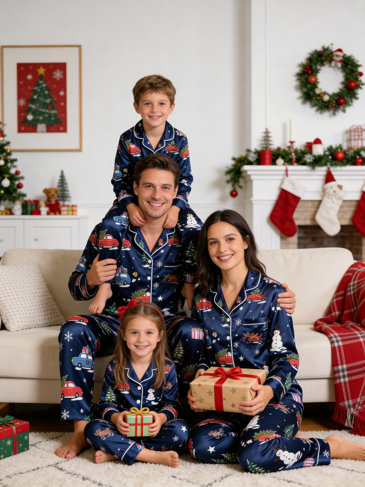 Holiday Festive Red Truck & Snowman Print Couple Couple Satin Pajama Set Couple Sleepwear