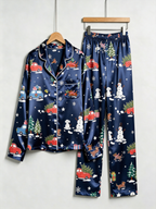 Holiday Festive Red Truck & Snowman Print Couple Couple Satin Pajama Set Couple Sleepwear