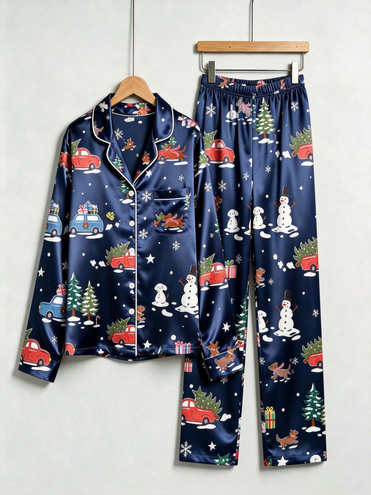 Holiday Festive Red Truck & Snowman Print Couple Couple Satin Pajama Set Couple Sleepwear