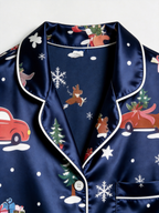 Holiday Festive Red Truck & Snowman Print Couple Couple Satin Pajama Set Couple Sleepwear