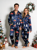 Holiday Festive Red Truck & Snowman Print Couple Couple Satin Pajama Set Couple Sleepwear