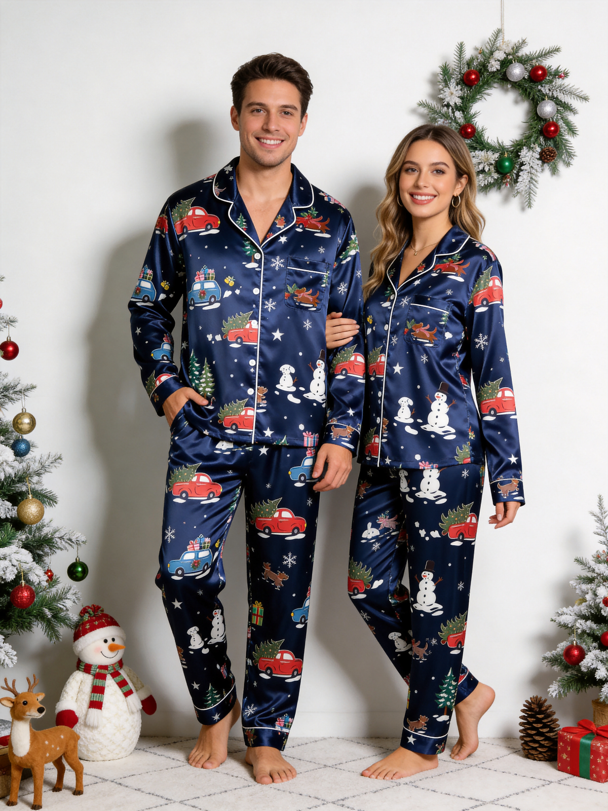 Holiday Festive Red Truck & Snowman Print Couple Couple Satin Pajama Set Couple Sleepwear