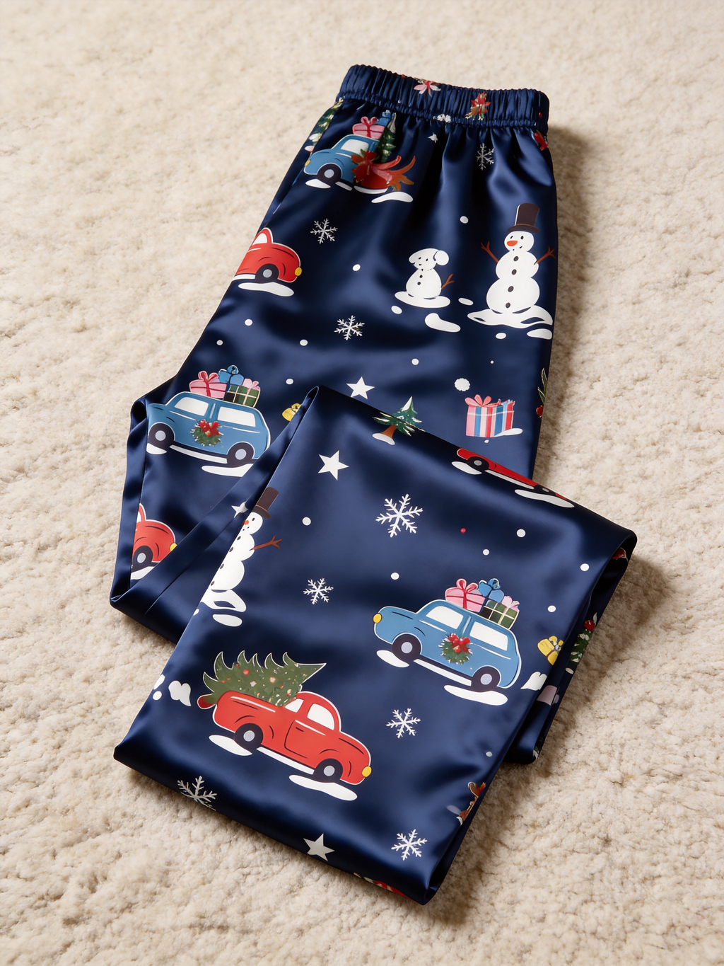 Holiday Festive Red Truck & Snowman Print Couple Couple Satin Pajama Set Couple Sleepwear