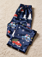 Holiday Festive Red Truck & Snowman Print Couple Couple Satin Pajama Set Couple Sleepwear