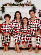 Festive Red & Black Argyle Diamond Print Holiday Couple Satin Pajama Set Sleepwear