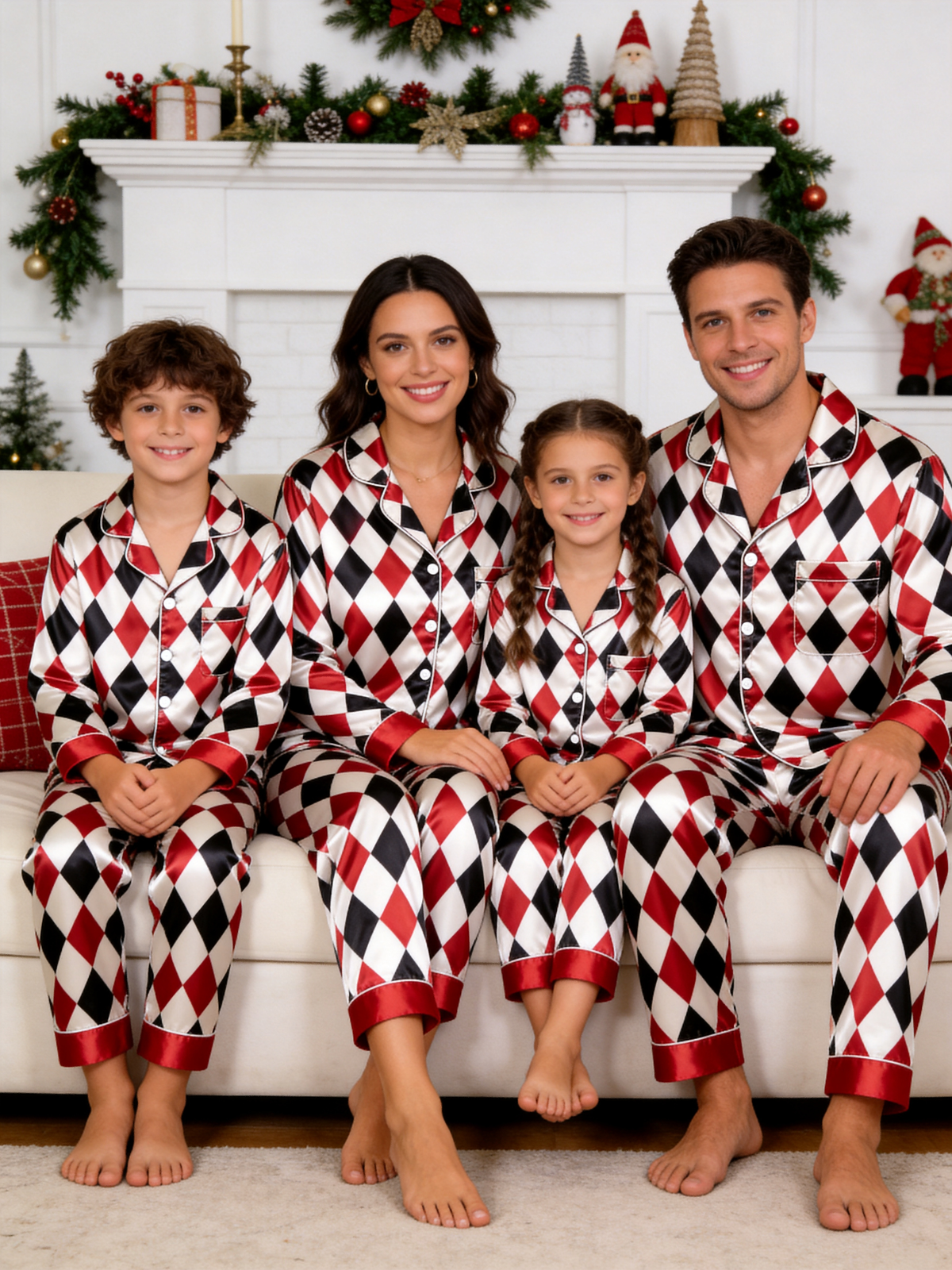 Festive Red & Black Argyle Diamond Print Holiday Couple Satin Pajama Set Sleepwear