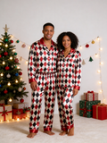 Festive Red & Black Argyle Diamond Print Holiday Couple Satin Pajama Set Sleepwear