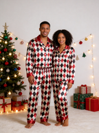 Festive Red & Black Argyle Diamond Print Holiday Couple Satin Pajama Set Sleepwear