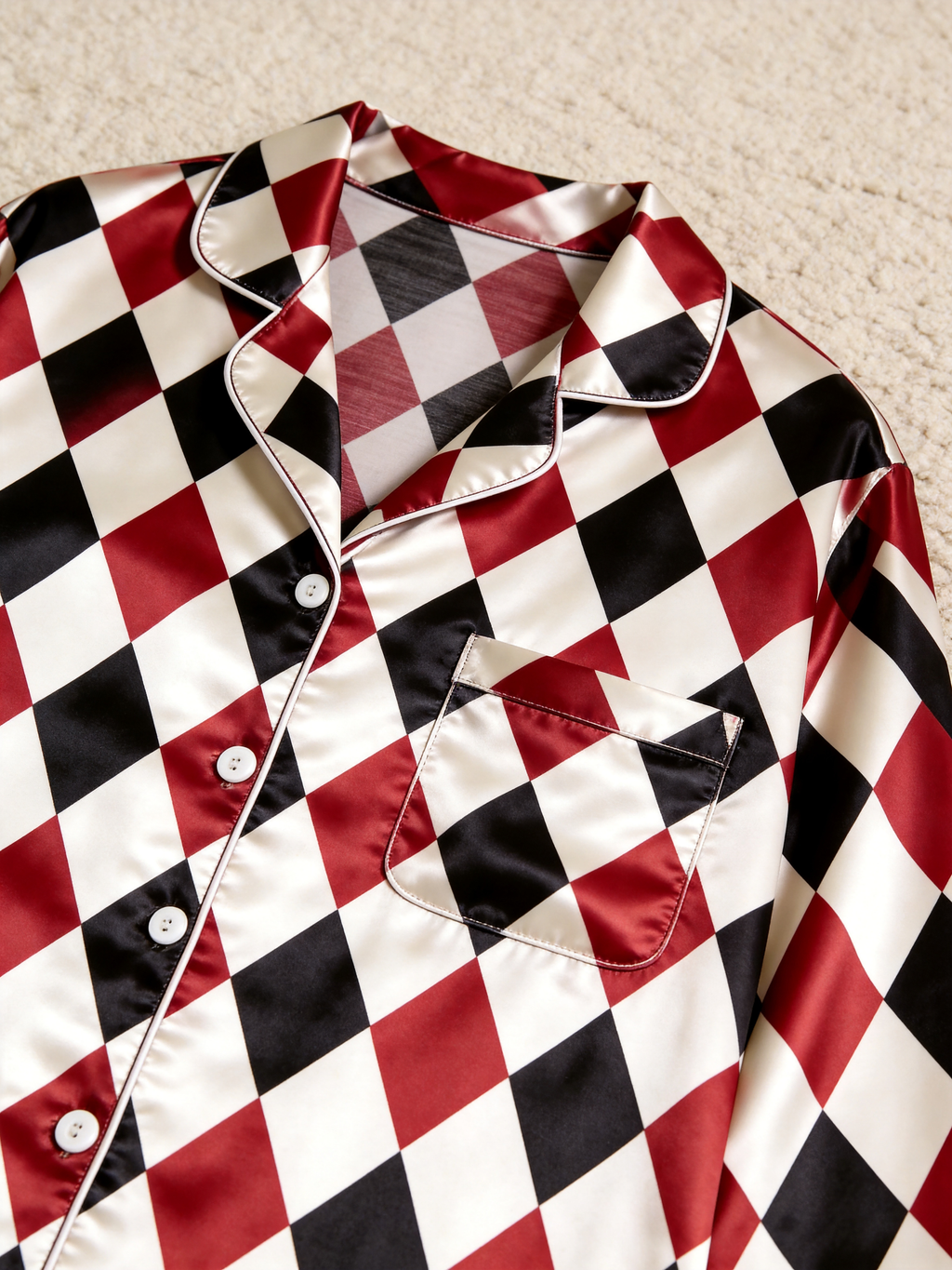 Festive Red & Black Argyle Diamond Print Holiday Couple Satin Pajama Set Sleepwear