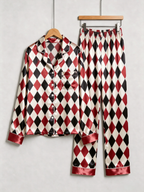 Festive Red & Black Argyle Diamond Print Holiday Couple Satin Pajama Set Sleepwear