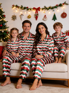 Christmas Red & Green Wavy Stripe Star Print Holiday Couple Satin Pajama Set