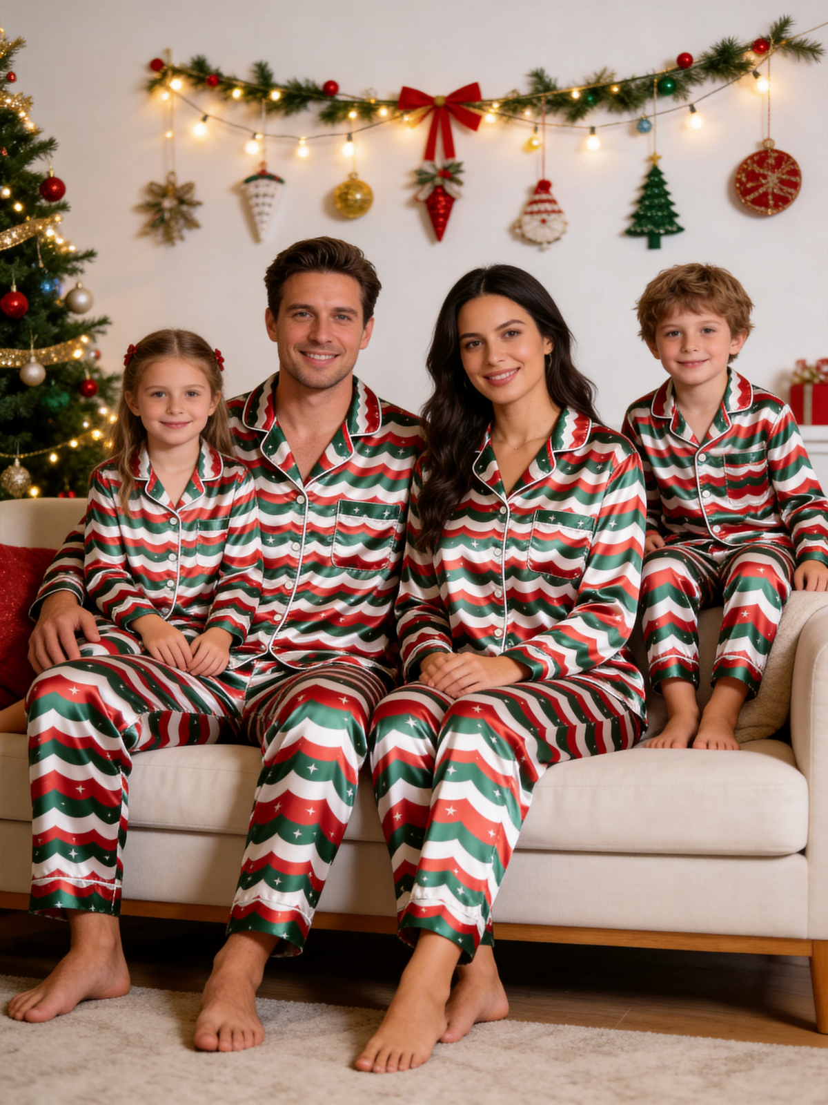 Christmas Red & Green Wavy Stripe Star Print Holiday Couple Satin Pajama Set