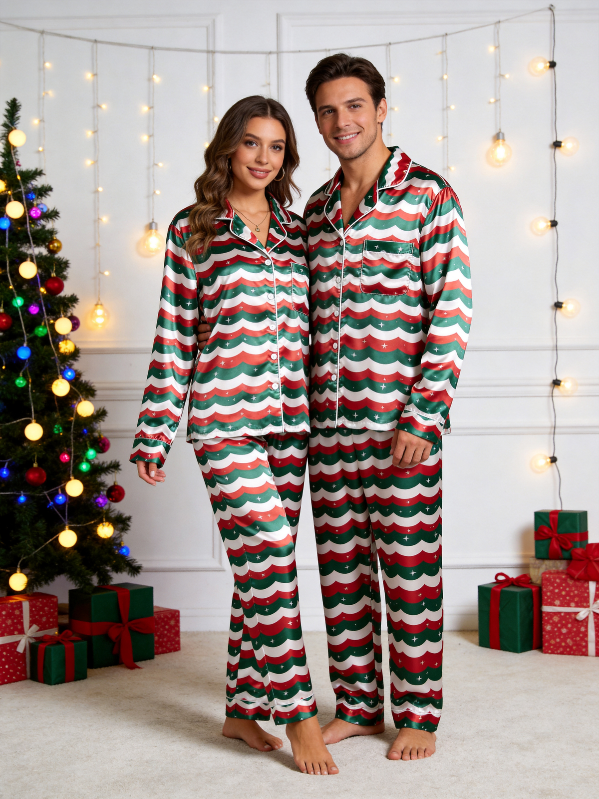 Christmas Red & Green Wavy Stripe Star Print Holiday Family Satin Pajama Set