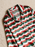 Christmas Red & Green Wavy Stripe Star Print Holiday Couple Satin Pajama Set