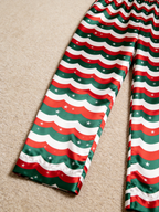 Christmas Red & Green Wavy Stripe Star Print Holiday Couple Satin Pajama Set
