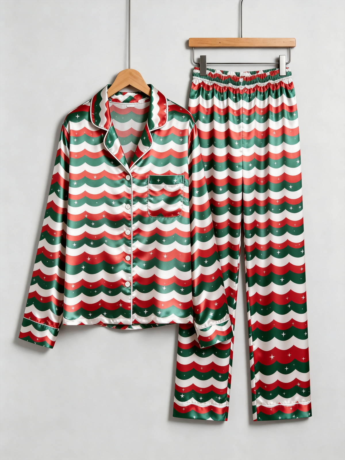 Christmas Red & Green Wavy Stripe Star Print Holiday Couple Satin Pajama Set