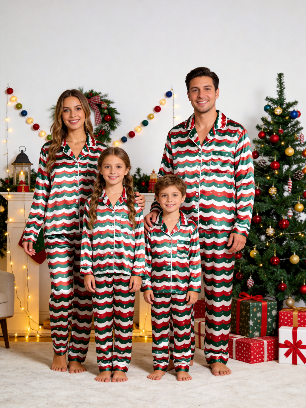 Christmas Red & Green Wavy Stripe Star Print Holiday Couple Satin Pajama Set