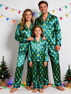 Emerald Green Christmas Tree Print Holiday Couple Satin Pajama Set Couple Sleepwear