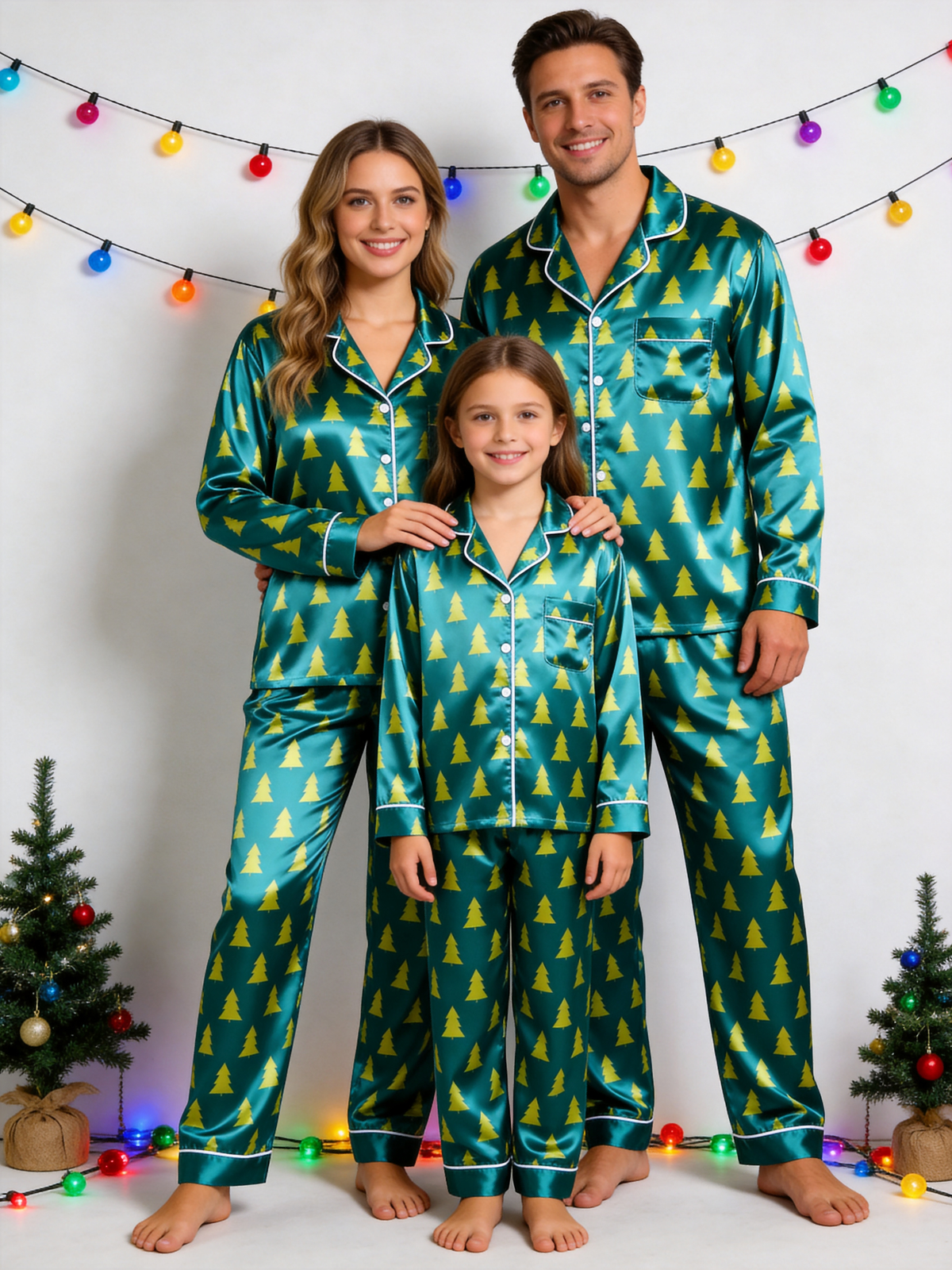 Emerald Green Christmas Tree Print Holiday Couple Satin Pajama Set Couple Sleepwear