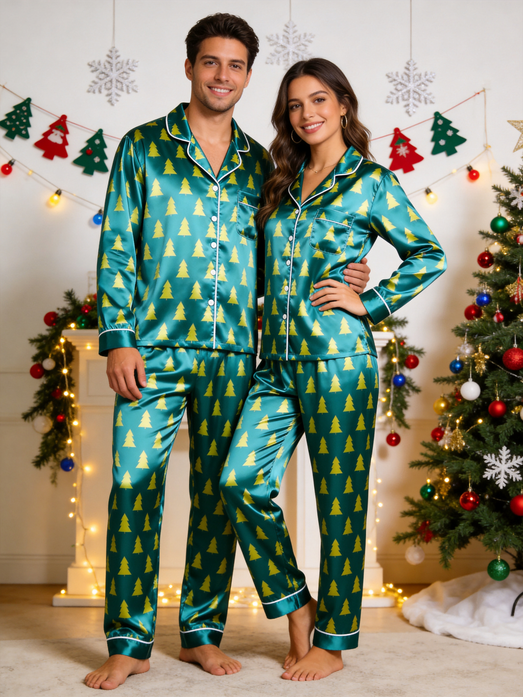Emerald Green Christmas Tree Print Holiday Couple Satin Pajama Set Couple Sleepwear