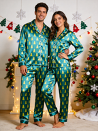 Emerald Green Christmas Tree Print Holiday Couple Satin Pajama Set Couple Sleepwear