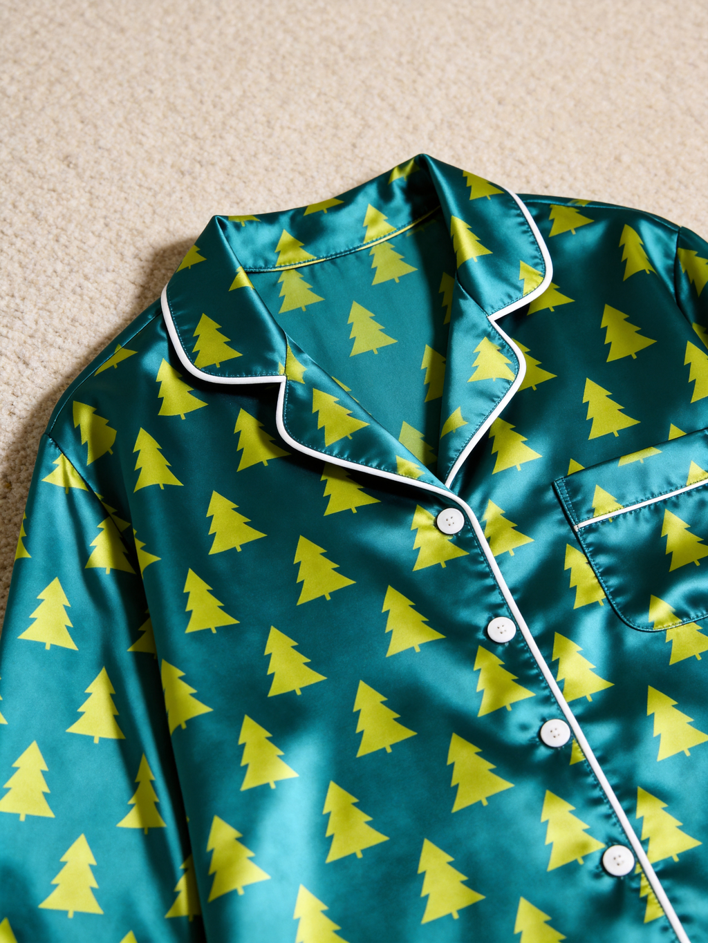 Emerald Green Christmas Tree Print Holiday Couple Satin Pajama Set Couple Sleepwear