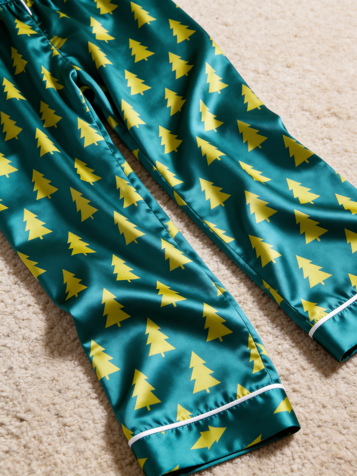 Emerald Green Christmas Tree Print Holiday Couple Satin Pajama Set Couple Sleepwear