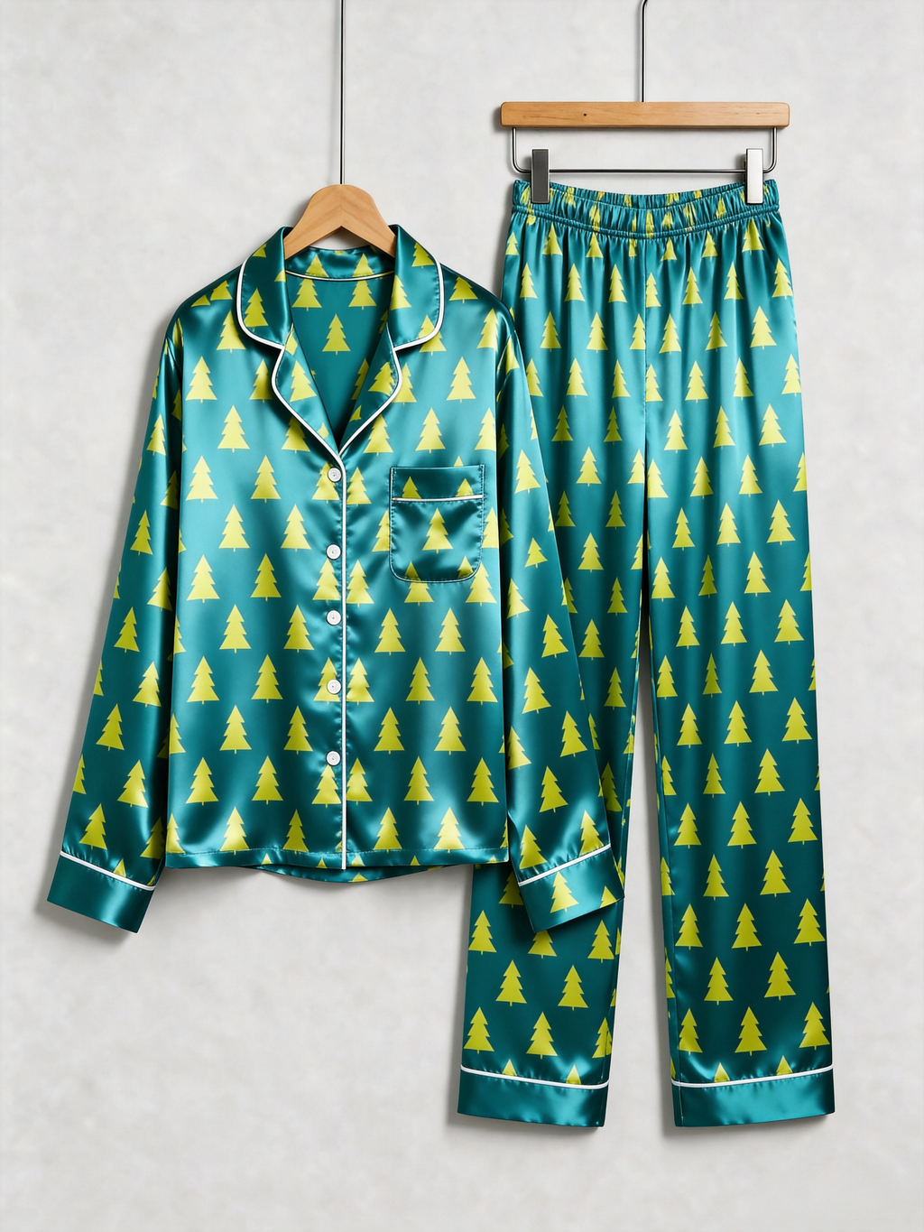 Emerald Green Christmas Tree Print Holiday Couple Satin Pajama Set Couple Sleepwear