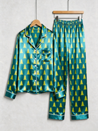 Emerald Green Christmas Tree Print Holiday Couple Satin Pajama Set Couple Sleepwear