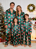 Christmas Santa Hat Geometric Print Holiday Couple Satin Pajama Set Couple Sleepwear