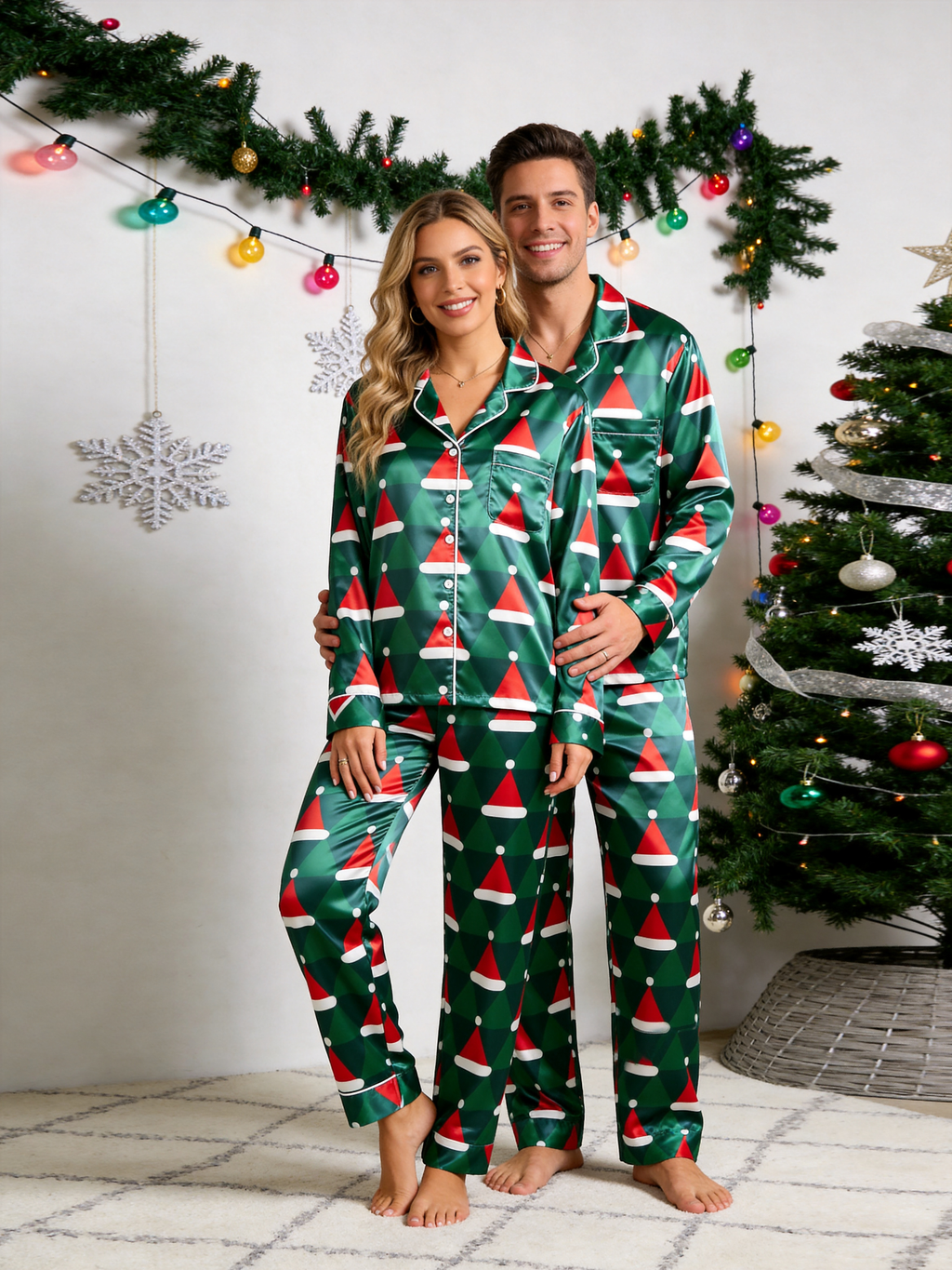 Christmas Santa Hat Geometric Print Holiday Couple Satin Pajama Set Couple Sleepwear