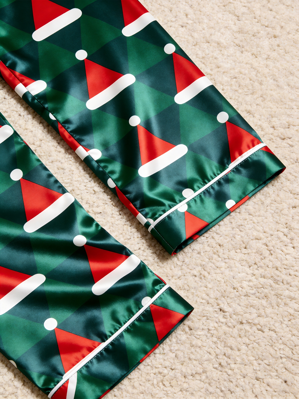 Christmas Santa Hat Geometric Print Holiday Couple Satin Pajama Set Couple Sleepwear