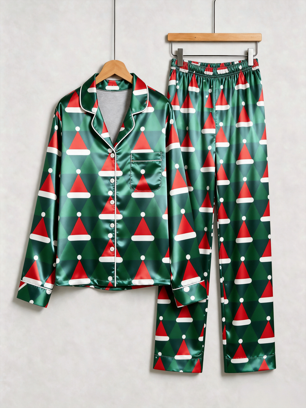 Christmas Santa Hat Geometric Print Holiday Couple Satin Pajama Set Couple Sleepwear