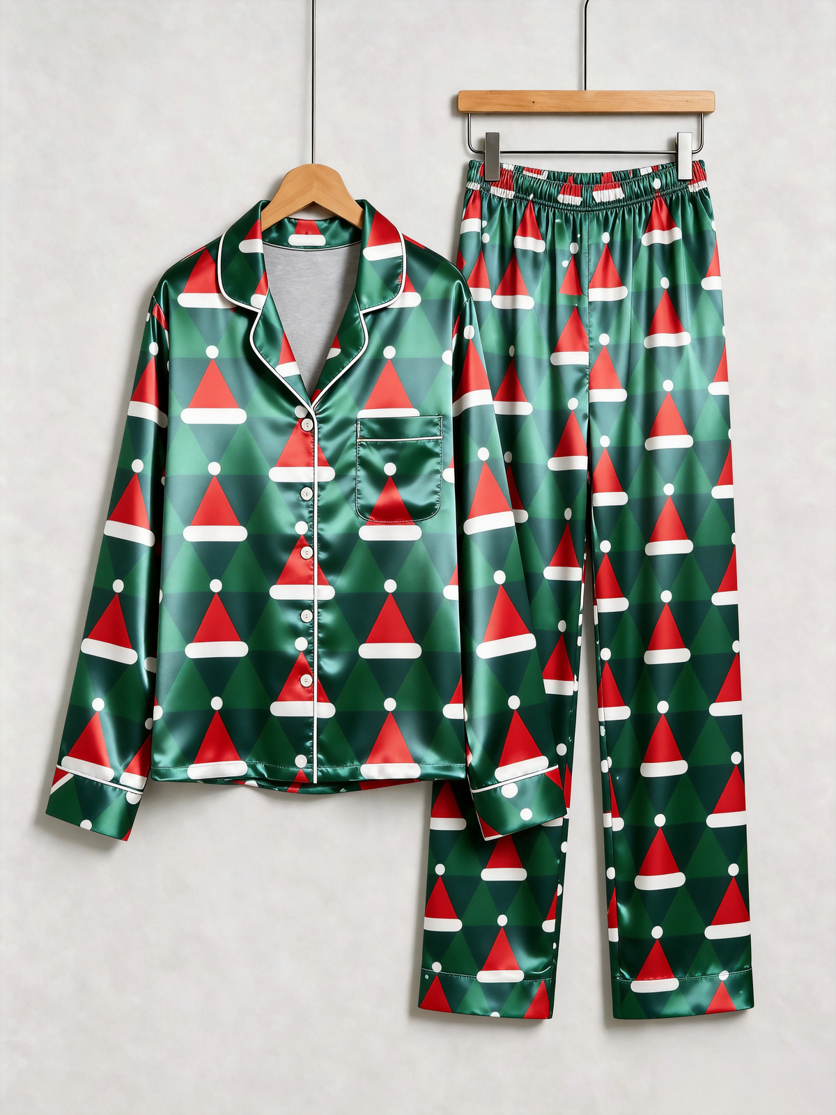 Christmas Santa Hat Geometric Print Holiday Couple Satin Pajama Set Couple Sleepwear