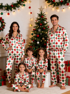 Holiday Red, Green & Gold Dot Argyle Print Couple Satin Pajama Set Sleepwear