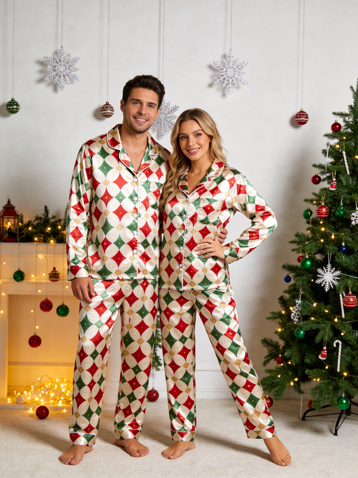 Holiday Red, Green & Gold Dot Argyle Print Family Satin Pajama Set Sleepwear