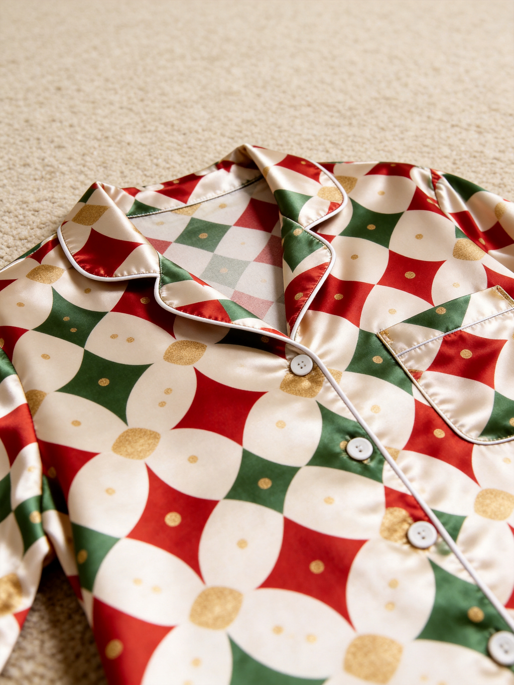 Holiday Red, Green & Gold Dot Argyle Print Couple Satin Pajama Set Sleepwear