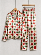 Holiday Red, Green & Gold Dot Argyle Print Couple Satin Pajama Set Sleepwear