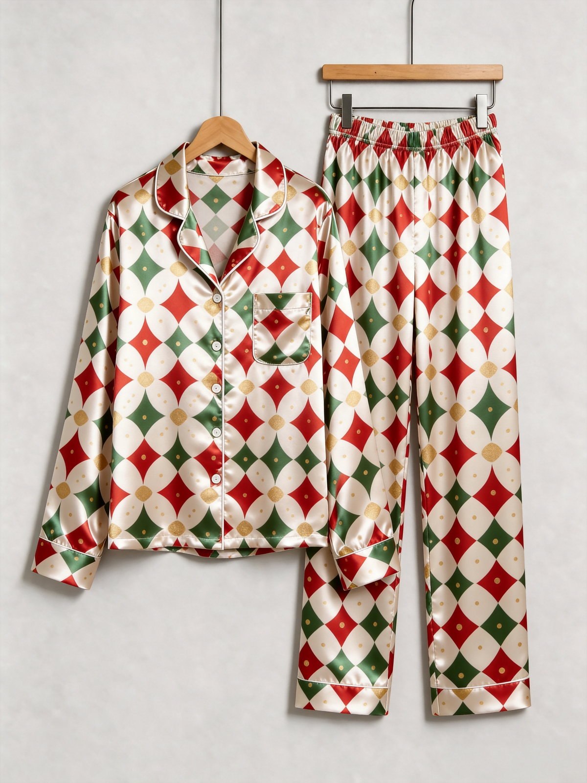 Holiday Red, Green & Gold Dot Argyle Print Couple Satin Pajama Set Sleepwear